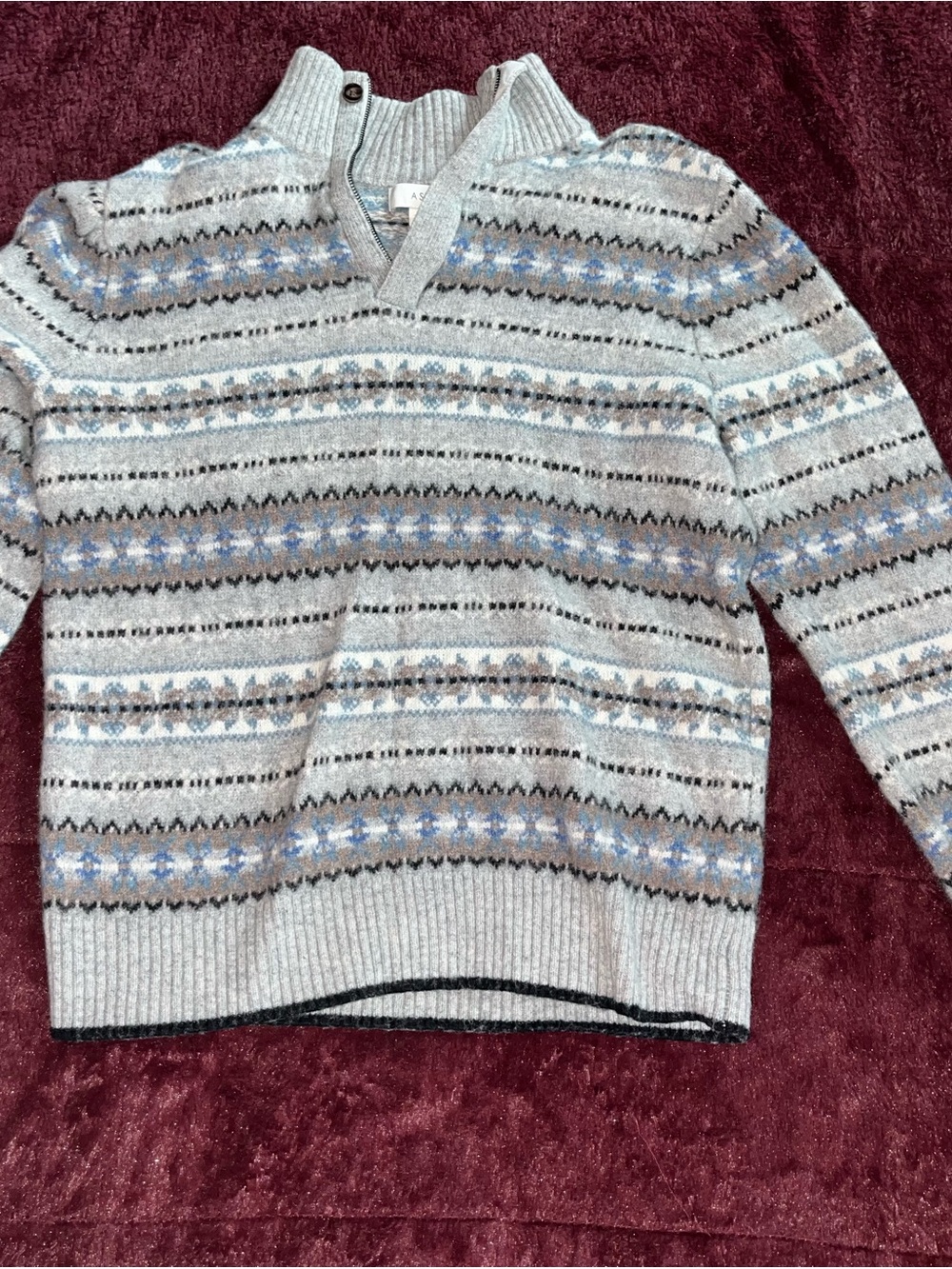 Men's Gray Fair Isle V-Neck Sweater with Buttoned Mock Collar